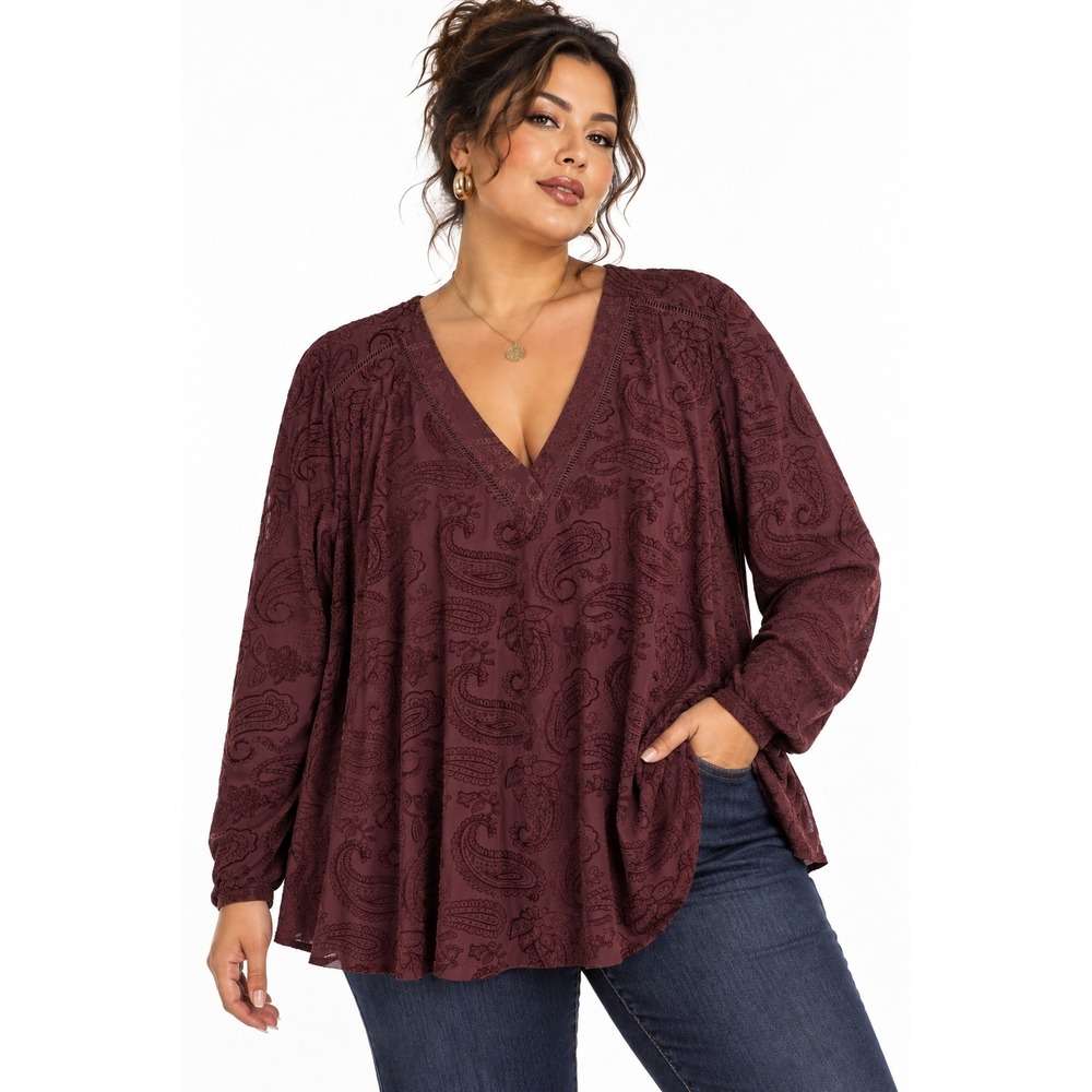 Les‎ Serein Laurie V Neck Knit Top Women 3X Brown Burgundy Paisley NWT
